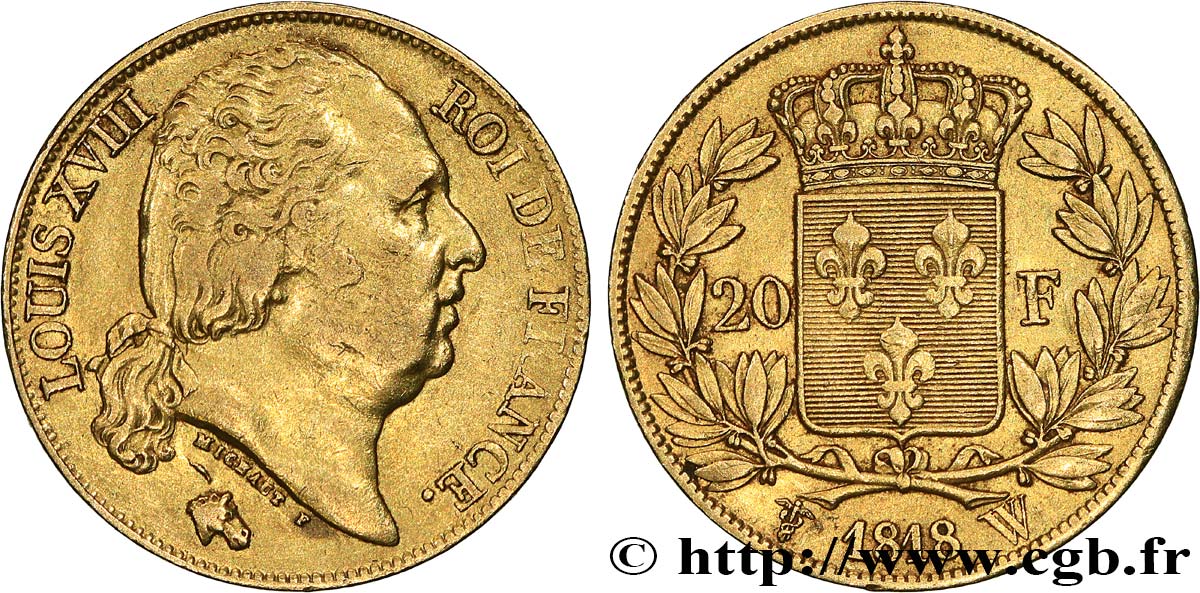 20 francs or Louis XVIII, tête nue 1818 Lille F.519/14 TTB 