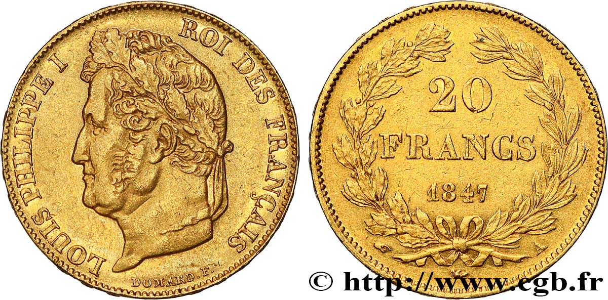 20 francs or Louis-Philippe, Domard 1847 Paris F.527/37 XF45 
