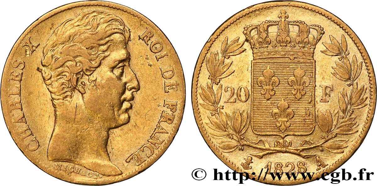 20 francs or Charles X, matrice du revers à cinq feuilles 1828 Paris F.521/2 TTB 