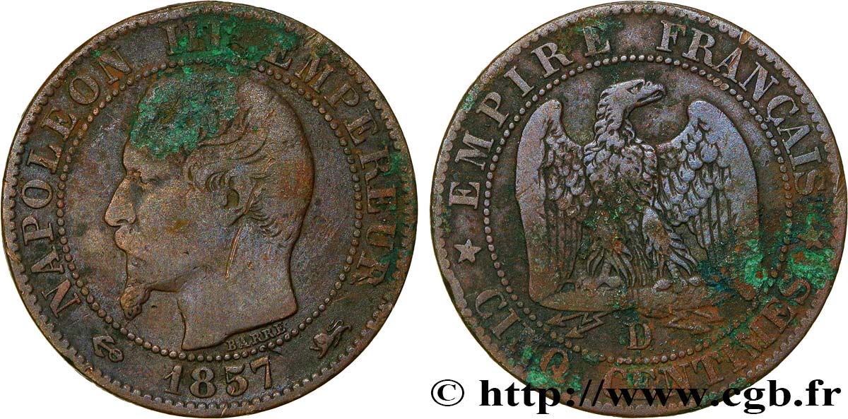 Cinq centimes Napoléon III, tête nue 1857 Lyon F.116/40 TB 