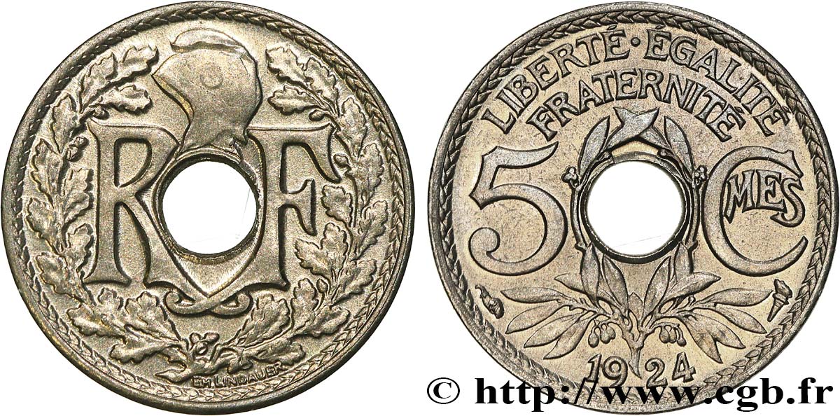 5 centimes Lindauer, petit module 1924 Paris F.122/8 MS62 