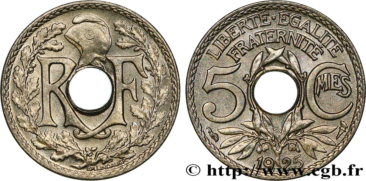 5 centimes Lindauer, petit module 1925 Paris F.122/10 MS63 