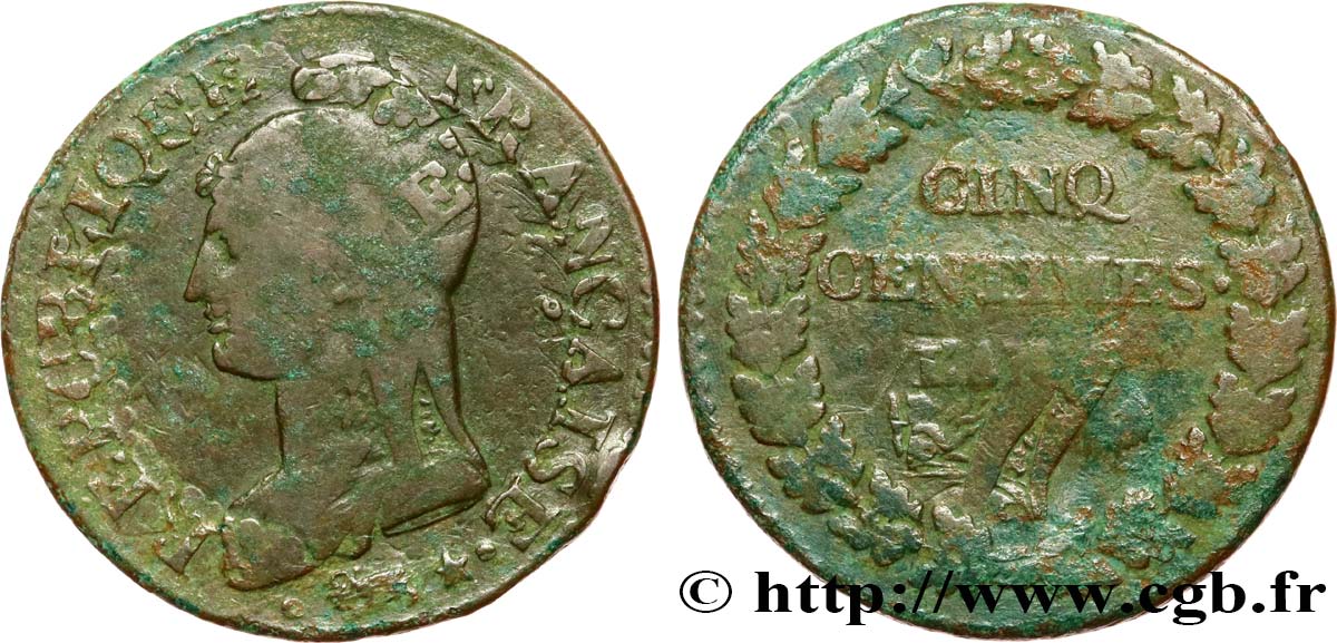 Cinq centimes Dupré, grand module,  refrappage  du décime 1798 Paris F.114/16 BC20 