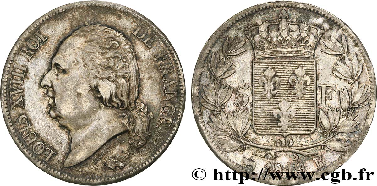 5 francs Louis XVIII, tête nue 1819 Rouen F.309/41 XF 