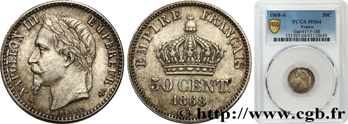 50 centimes Napoléon III, tête laurée 1868 Paris F.188/20 SC64 PCGS