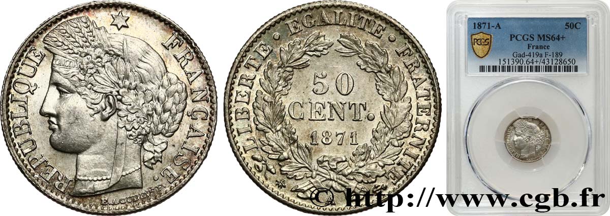 50 centimes Cérès, IIIe République 1871 Paris F.189/1 fST64 PCGS