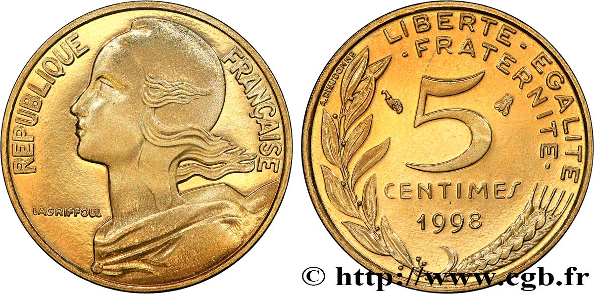 5 centimes Marianne, BE (Belle Épreuve), 3 plis 1998 Pessac F.125/- var. MS 