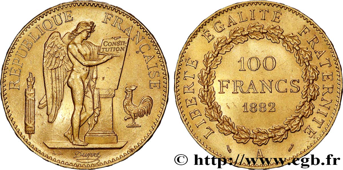 100 francs or Génie, tranche inscrite en relief Dieu protège la France 1882 Paris F.552/5 AU58 