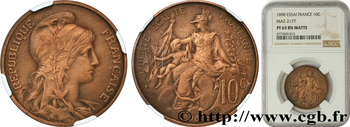 Essai de 10 centimes Daniel-Dupuis en bronze, flan mat 1898 Paris F.136/3 SPL63 NGC