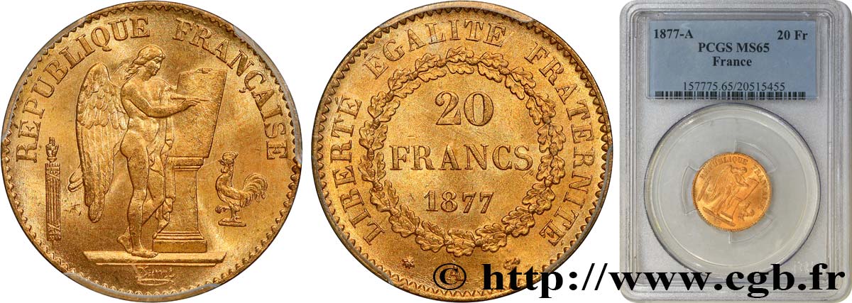 20 francs or Génie, Troisième République 1877 Paris F.533/5 MS65 PCGS