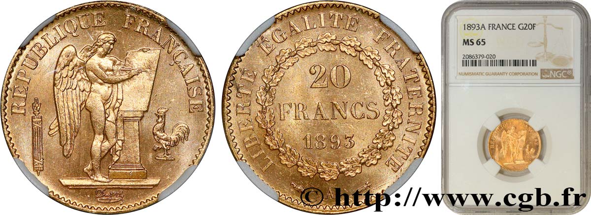 20 francs or Génie, Troisième République 1893 Paris F.533/17 FDC65 NGC