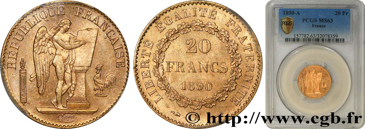 20 francs or Génie, Troisième République 1890 Paris F.533/14 SPL63 PCGS