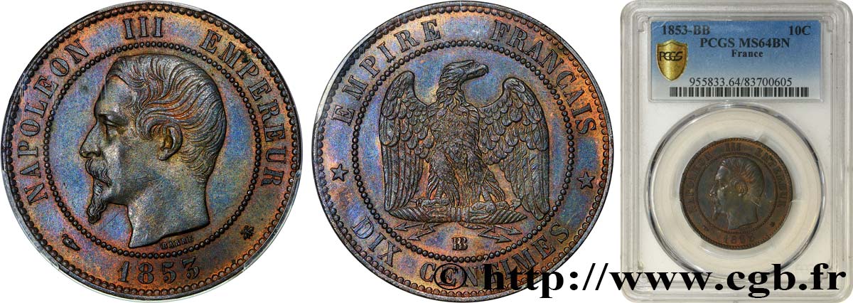 Dix centimes Napoléon III, tête nue 1853 Strasbourg F.133/4 SC64 PCGS