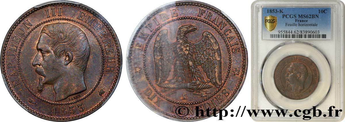 Dix centimes Napoléon III, tête nue 1853 Bordeaux F.133/7 VZ62 PCGS