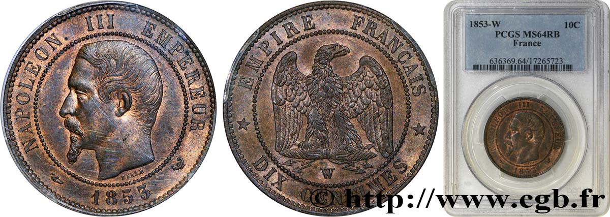Dix centimes Napoléon III, tête nue 1853 Lille F.133/10 MS64 PCGS