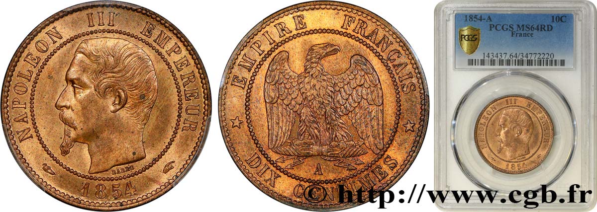 Dix centimes Napoléon III, tête nue 1854 Paris F.133/11 MS64 PCGS