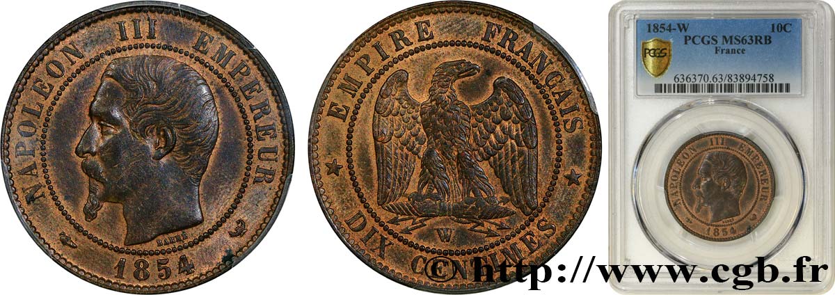 Dix centimes Napoléon III, tête nue 1854 Lille F.133/18 fST63 PCGS
