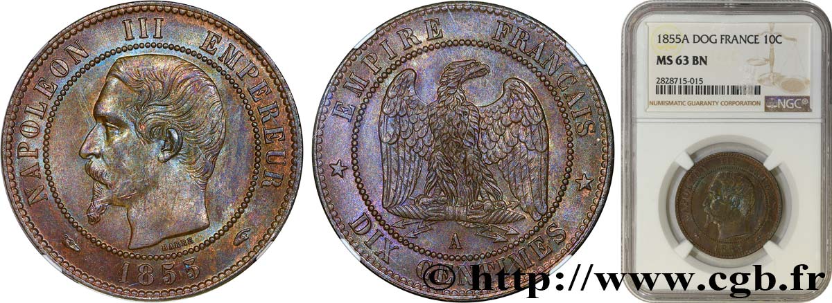 Dix centimes Napoléon III, tête nue 1855 Paris F.133/19 MS63 NGC