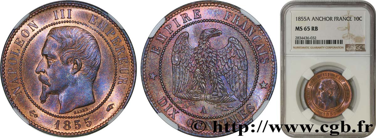 Dix centimes Napoléon III, tête nue 1855 Paris F.133/20 MS65 NGC