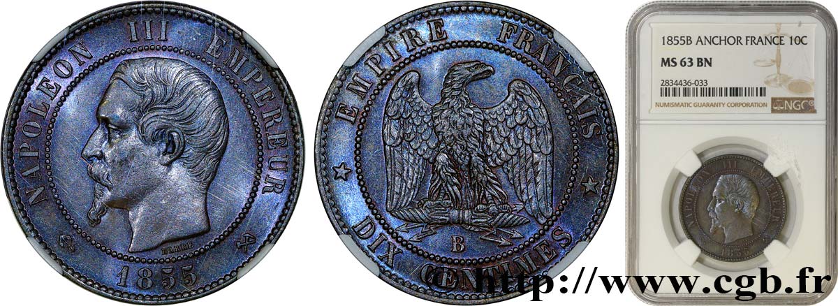 Dix centimes Napoléon III, tête nue 1855 Rouen F.133/22 fST63 NGC