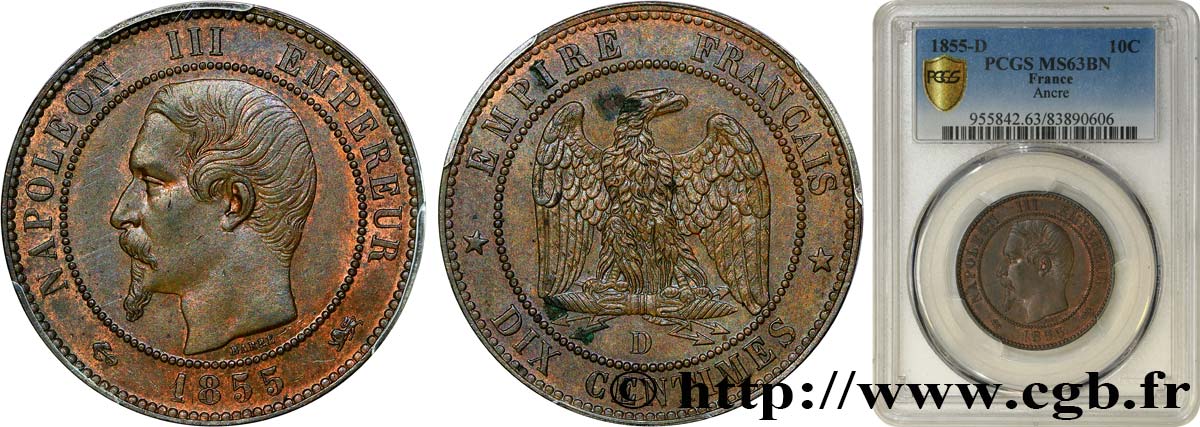 Dix centimes Napoléon III, tête nue 1855 Lyon F.133/26 SC63 PCGS