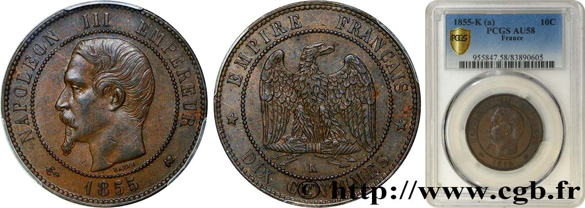 Dix centimes Napoléon III, tête nue 1855 Bordeaux F.133/29 VZ58 PCGS