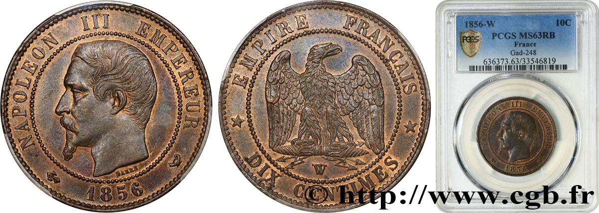 Dix centimes Napoléon III, tête nue 1856 Lille F.133/40 fST63 PCGS