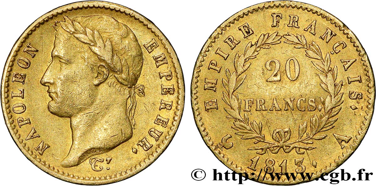 20 francs or Napoléon tête laurée, Empire français 1813 Paris F.516/30 SS45 