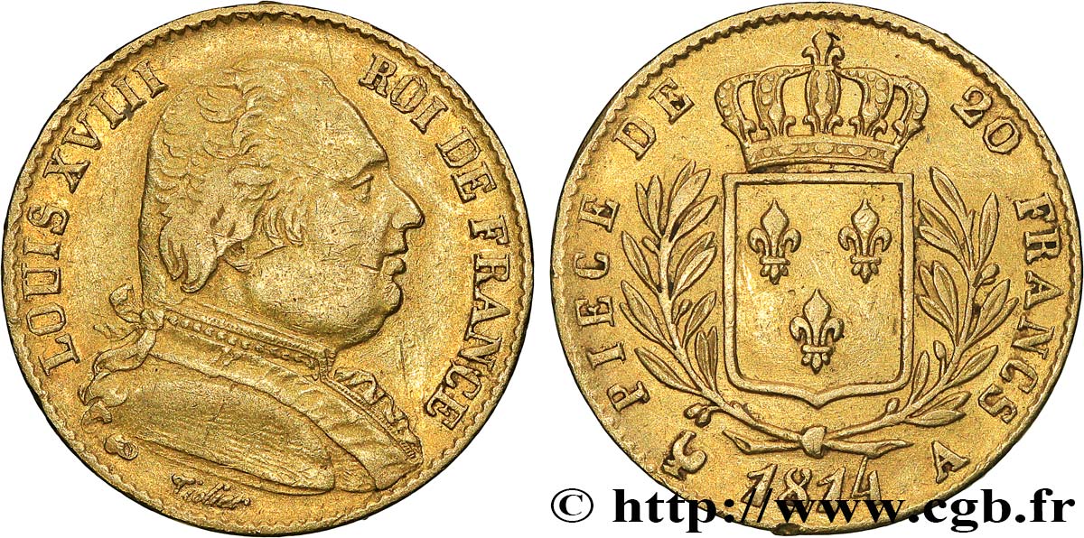 20 francs or Louis XVIII, buste habillé 1814 Paris F.517/1 VF 