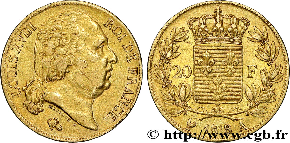 20 francs or Louis XVIII, tête nue 1818 Paris F.519/10 BB45 