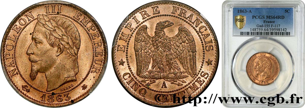 Cinq centimes Napoléon III, tête laurée 1863 Paris F.117/10 SPL64 PCGS