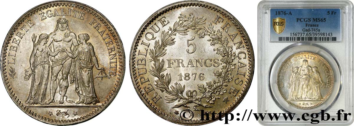 5 francs Hercule 1876 Paris F.334/17 FDC65 PCGS