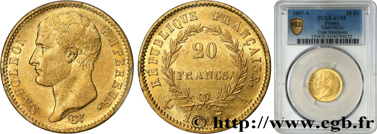 20 francs or Napoléon tête nue, type transitoire 1807 Paris F.514/1 SUP55 PCGS