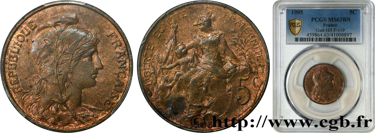 5 centimes Daniel-Dupuis 1905  F.119/15 SC63 PCGS