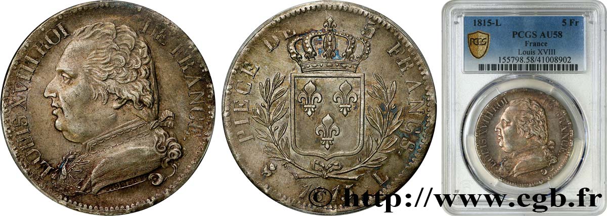 5 francs Louis XVIII, buste habillé 1815 Bayonne F.308/23 SUP58 PCGS