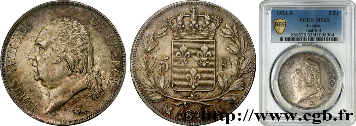 5 francs Louis XVIII, tête nue 1824 Bordeaux F.309/93 SC63 PCGS