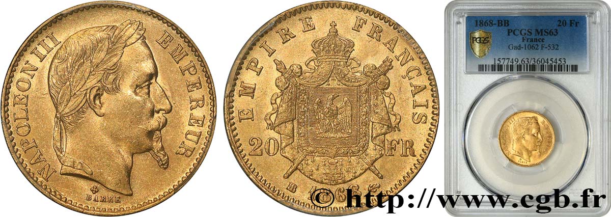 20 francs or Napoléon III, tête laurée 1868 Strasbourg F.532/19 SPL63 PCGS