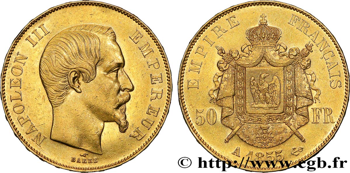 50 francs or Napoléon III, tête nue 1855 Paris F.547/1 VZ+ 