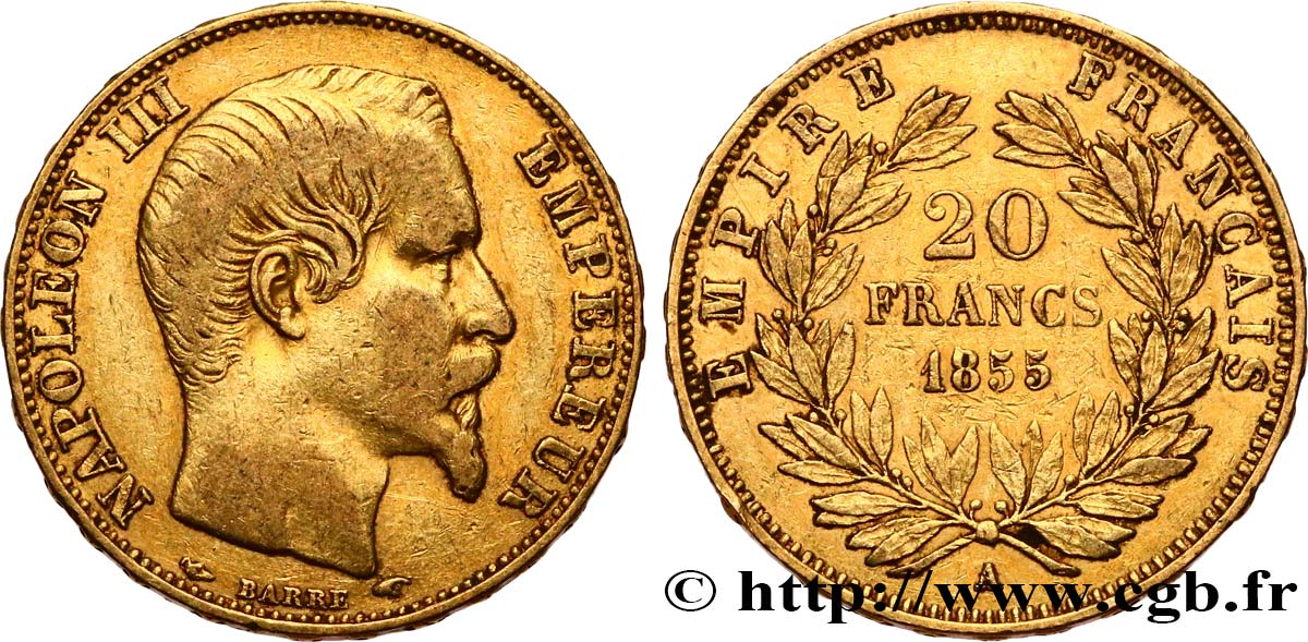 20 francs or Napoléon III, tête nue 1855 Paris F.531/3 q.BB 