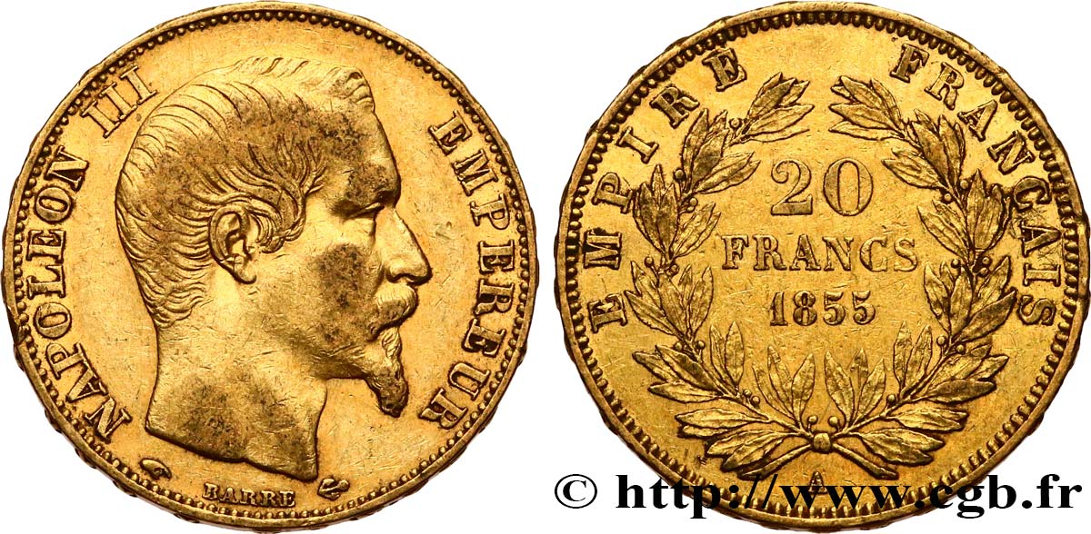 20 francs or Napoléon III, tête nue 1855 Paris F.531/4 XF40 