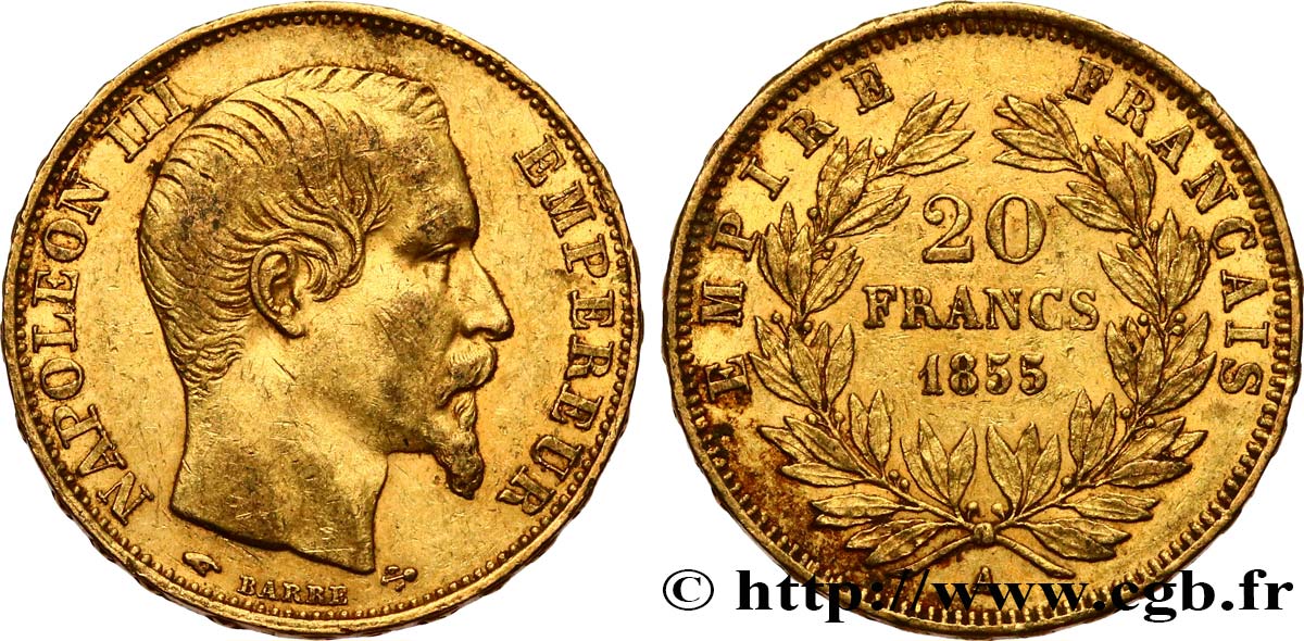 20 francs or Napoléon III, tête nue 1855 Paris F.531/4 XF45 