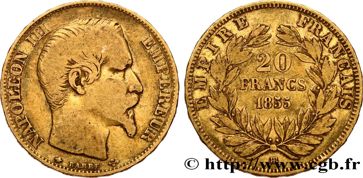20 francs or Napoléon III, tête nue, différent ancre 1855 Strasbourg F.531/6 BC 