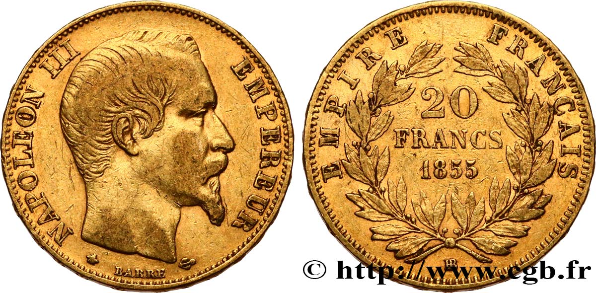 20 francs or Napoléon III, tête nue, différent ancre 1855 Strasbourg F.531/6 BC+ 