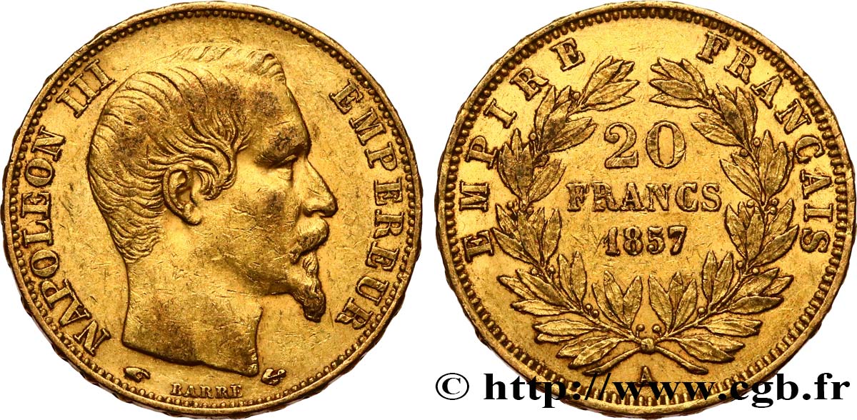 20 francs or Napoléon III, tête nue 1857 Paris F.531/12 XF45 