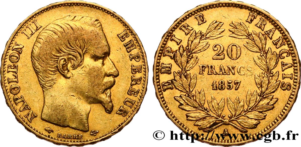 20 francs or Napoléon III, tête nue 1857 Paris F.531/12 XF40 