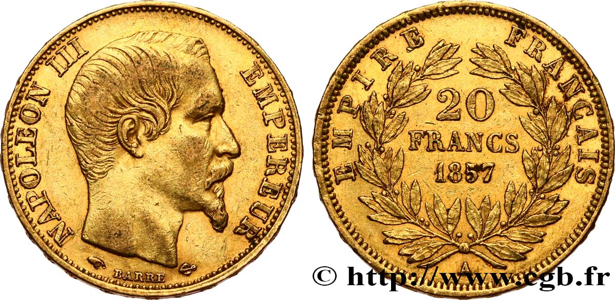 20 francs or Napoléon III, tête nue 1857 Paris F.531/12 BB45 