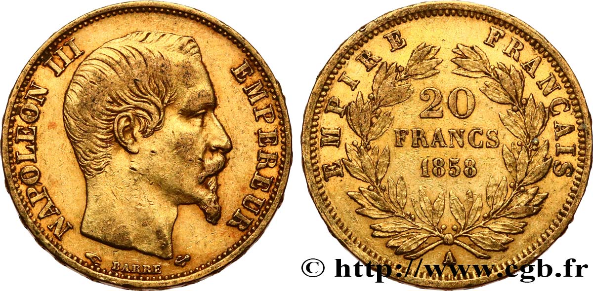 20 francs or Napoléon III, tête nue 1858 Paris F.531/13 BB 