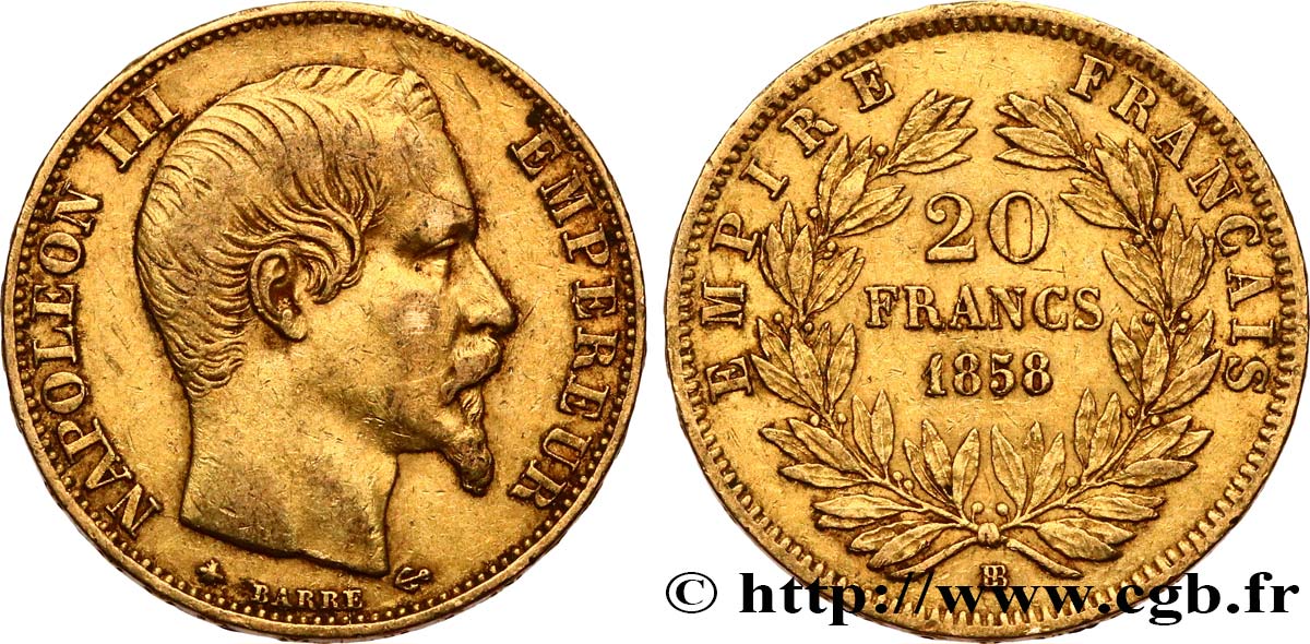 20 francs or Napoléon III, tête nue 1858 Strasbourg F.531/14 MBC45 