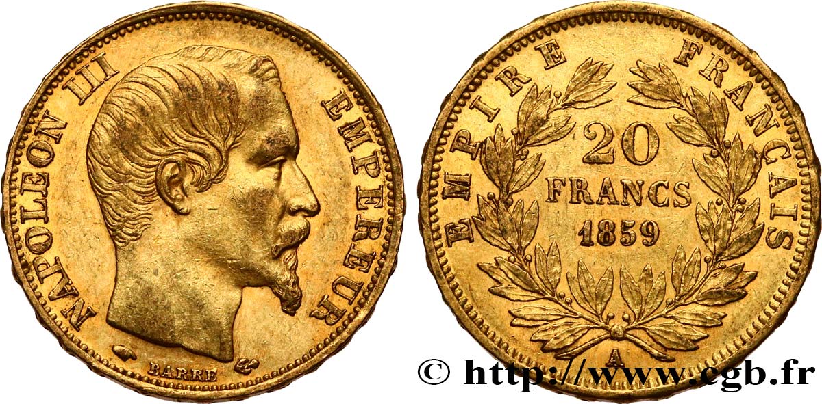 20 francs or Napoléon III, tête nue 1859 Paris F.531/15 SS50 