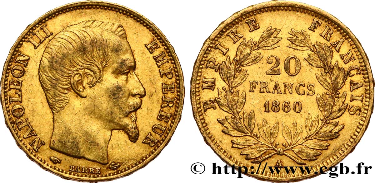 20 francs or Napoléon III, tête nue 1860 Paris F.531/18 SS45 